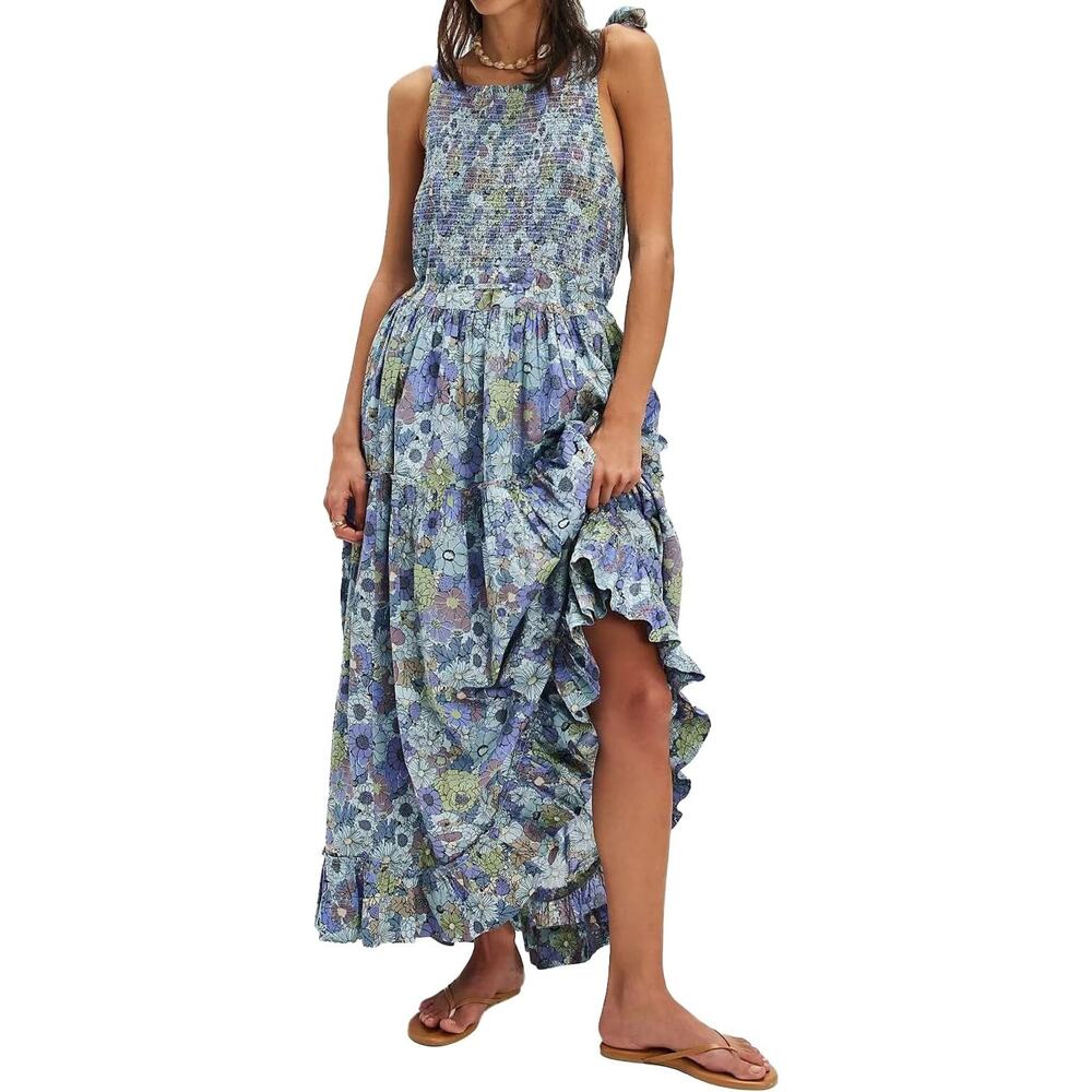 NWT ~ Women's Boho Smocked Summer Floral Backless Sundress Halter Maxi Dress ~ M